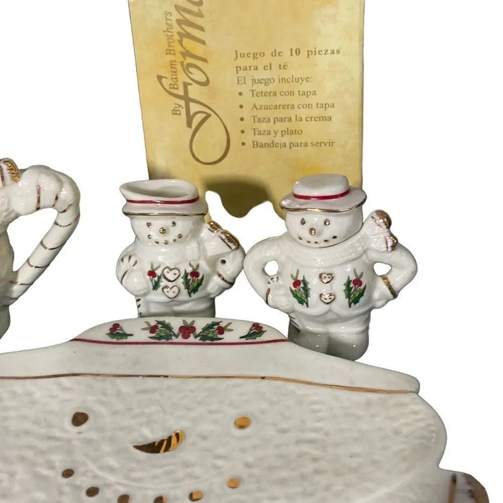 Formalities by Baum Brothers 10 pc Snowman Holly Berries Mini Tea Set Ivory Gold